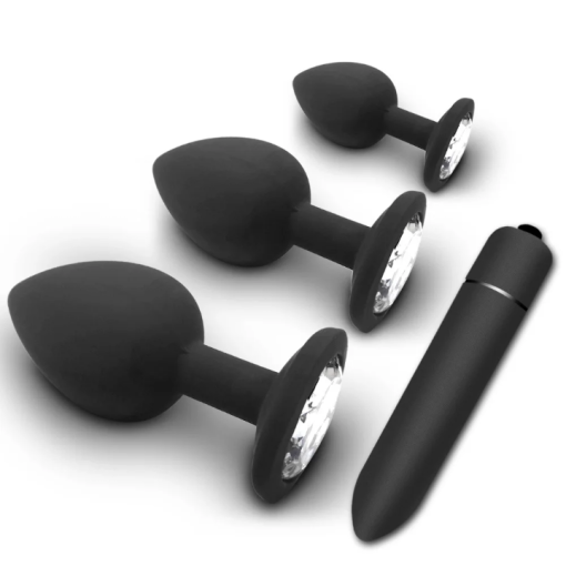 ID: SK016 Silicone Butt plug, 3 different sizes plus vibrating bullet. ID: SK016 Silicone Butt plug, 3 different sizes plus vibrating bullet.